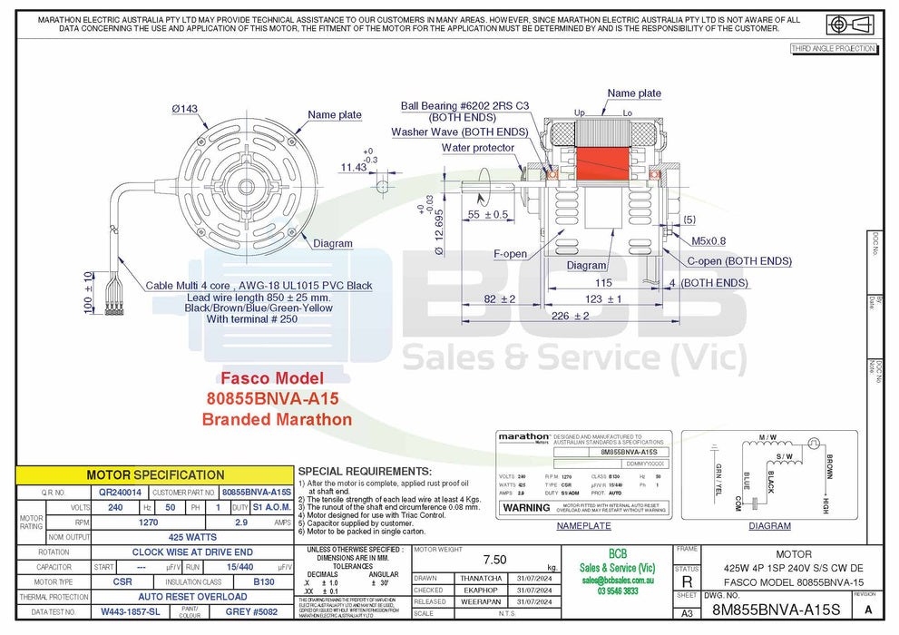 FASCO ( MARATHON ) BONAIRE 80855BNVA-A15 425W EVAPORATIVE COOLER MOTOR 4POLE (1400RPM) VARIABLE SPEED
