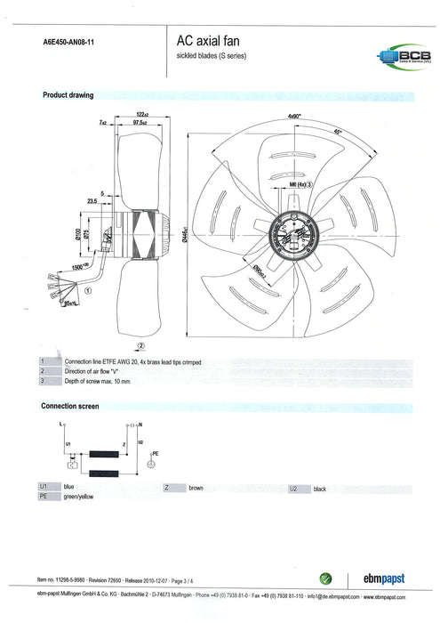 A6E450AJ0811-CTO EBM AXIAL FAN 240V 450mm 6POLE (900RPM) SINGLE SPEED