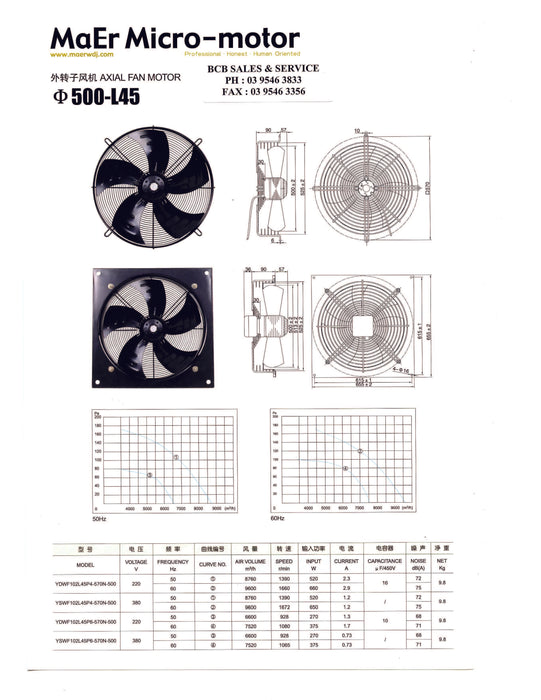 YILIDA AXIAL 50014PFD BLOWER FAN 240V 500mm 4POLE (1400RPM) SINGLE SPEED
