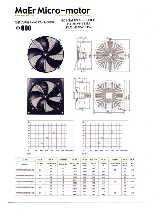 YILIDA AXIAL 60014P SUCTION FAN 240V 600mm 4POLE (1400RPM) SINGLE SPEED