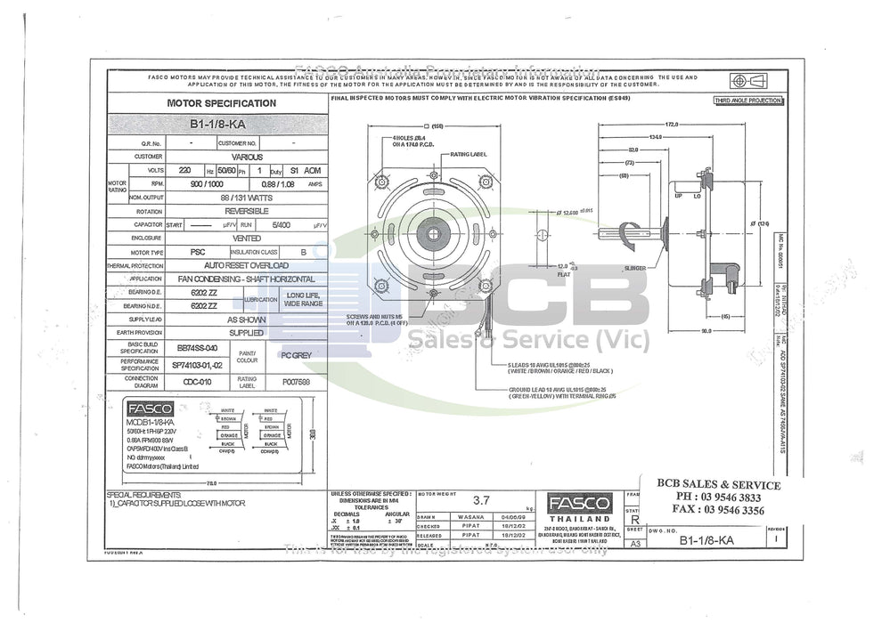 FASCO HVAC B1-1/8-KA 88W 220V 6POLE (900RPM) SINGLE SPEED 42 FRAME CASSETTE TYPE FAN MOTOR