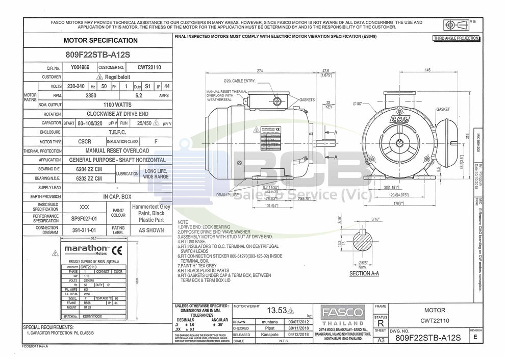 FASCO ( MARATHON ) 809222STE-C01 1100W 2POLE (2900RPM) GENERAL PURPOSE MOTOR