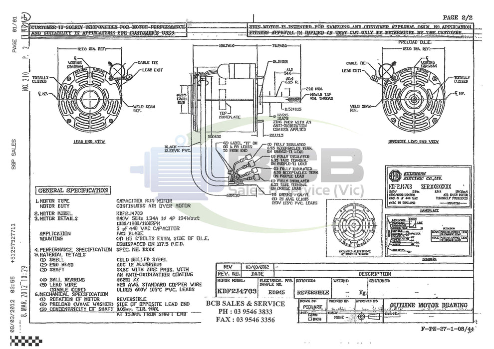 VULCAN COMPACT 60 MOTOR 186W 240V 4POLE (1400RPM) 3 SPEED REVERSIBLE