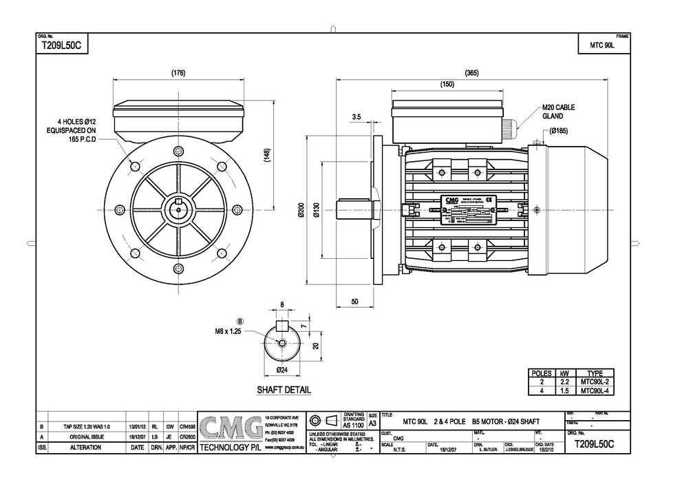 1.5KW CMG MARATHON SINGLE PHASE 240V 4POLE (1400RPM) FLANGE MOUNT MOTOR