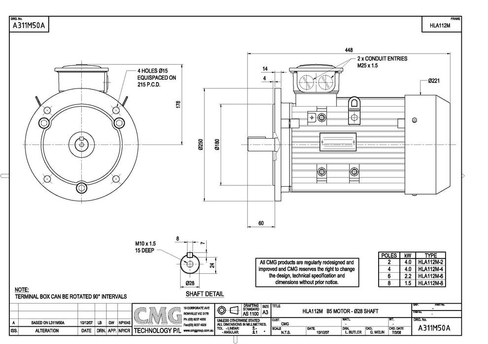 2.2KW CMG MARATHON THREE PHASE 415V 6POLE (900RPM) FLANGE MOUNT MOTOR