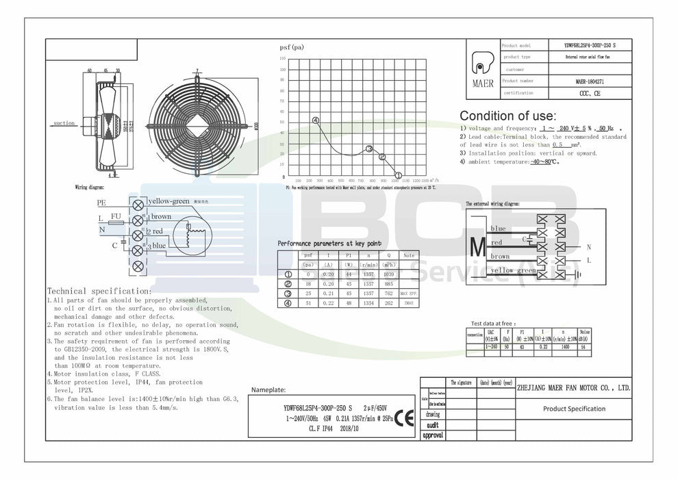 YILIDA AXIAL 25014P SUCTION FAN 240V 250mm 4POLE (1400RPM) SINGLE  SPEED