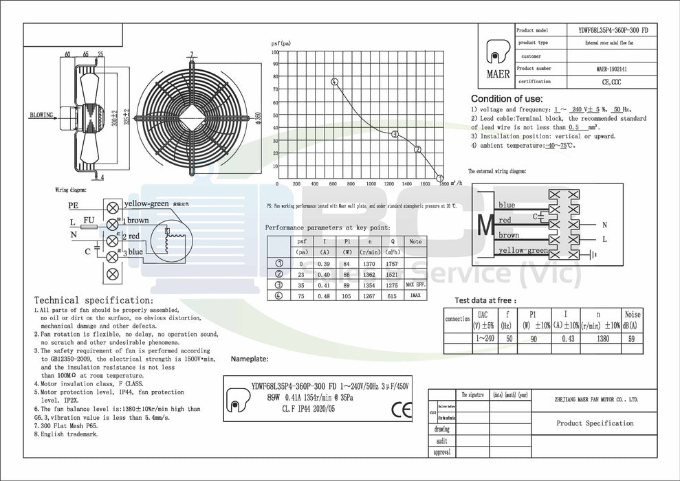 YILIDA AXIAL 30014PFD BLOWER FAN 240V 300mm 4POLE (1400RPM) SINGLE SPEED
