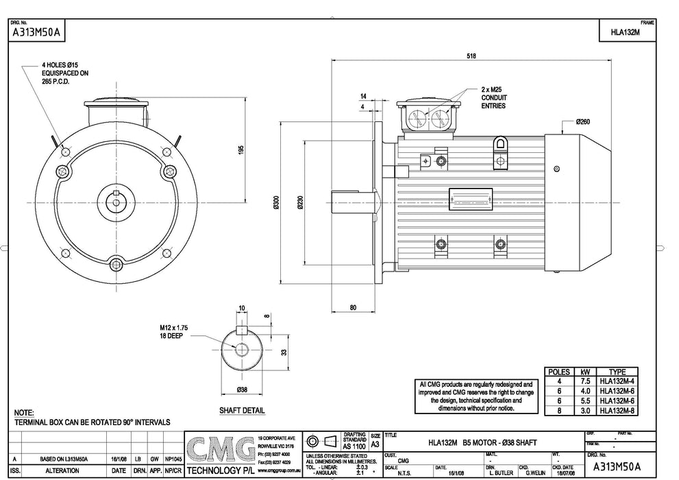 4.0KW CMG MARATHON THREE PHASE 415V 6POLE (900RPM) FLANGE MOUNT MOTOR