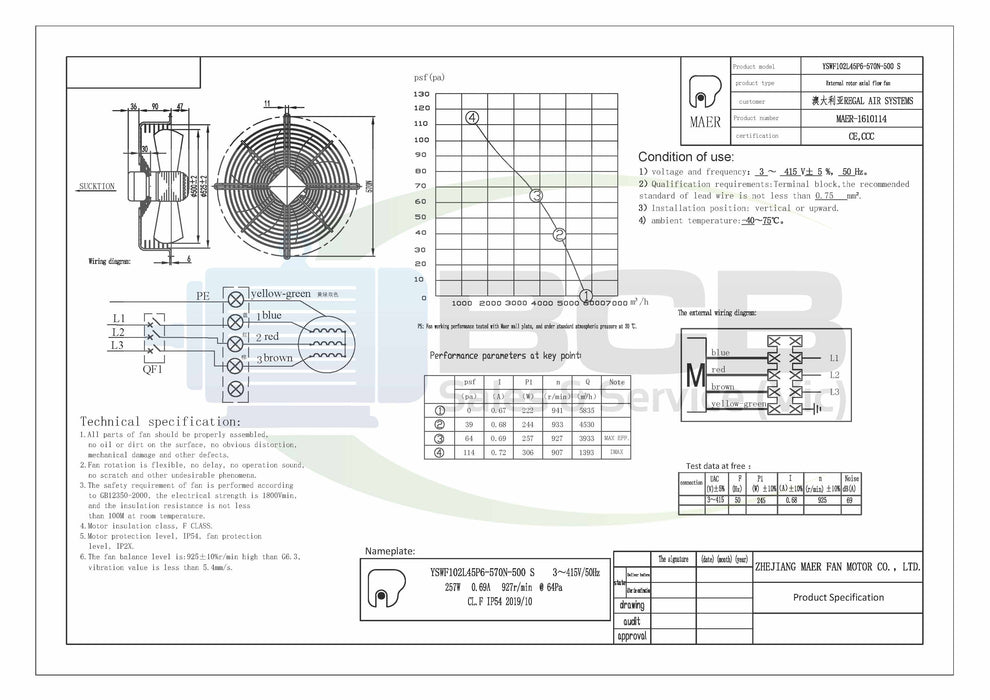 YILIDA AXIAL 50036P SUCTION FAN 415V 500mm 6POLE (900RPM) SINGLE SPEED