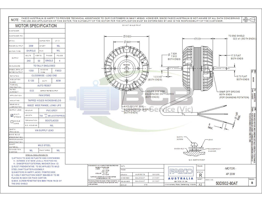 FASCO 50D502-80A REFRIGERATION MOTOR 240V 20W 4POLE (1350RPM) SINGLE SPEED