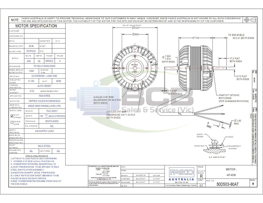 FASCO 50D503-80A REFRIGERATION MOTOR 240V 40W 4POLE (1300RPM) SINGLE SPEED