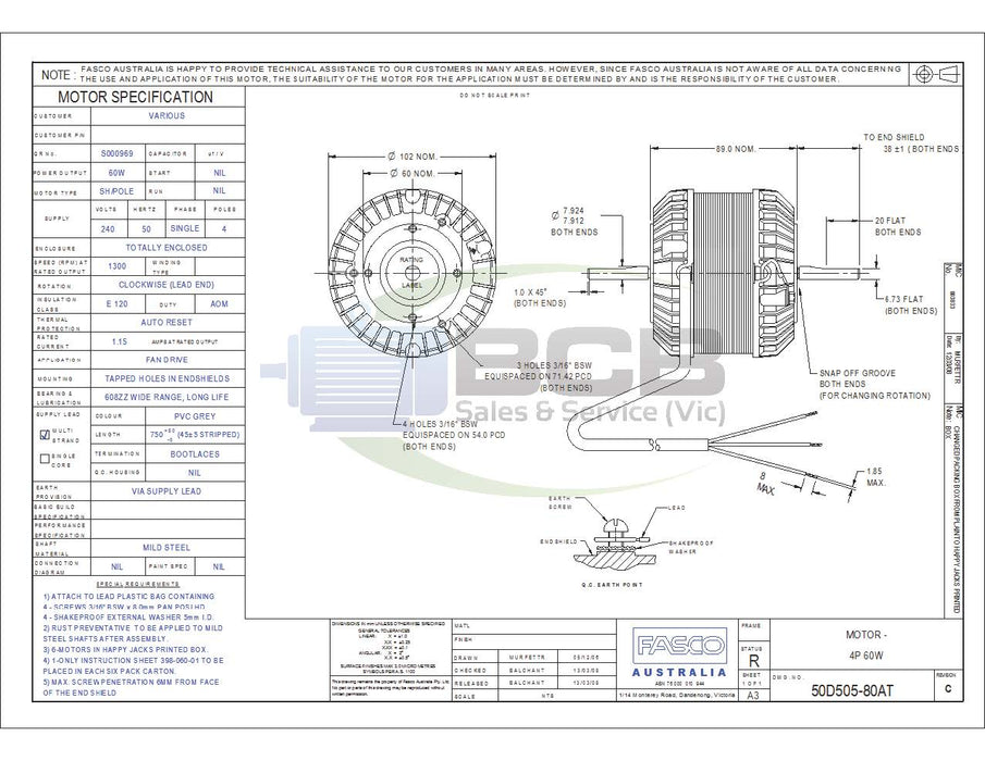 FASCO 50D505-80A REFRIGERATION MOTOR 240V 60W 4POLE (1300RPM) SINGLE SPEED