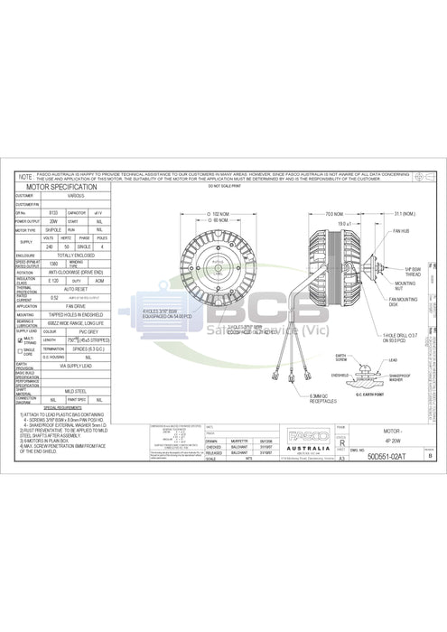 FASCO 50D551-02A REFRIGERATION MOTOR 240V 20W 4POLE (1380RPM) SINGLE SPEED