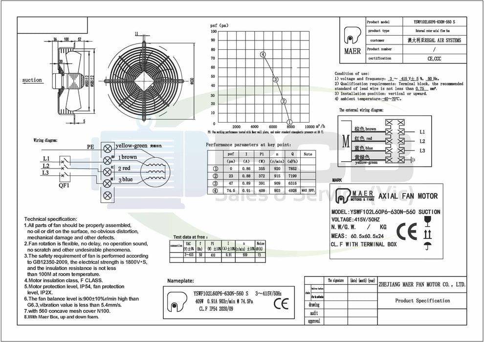 YILIDA AXIAL 56036P SUCTION FAN 415V 560mm 6POLE (900RPM) SINGLE SPEED