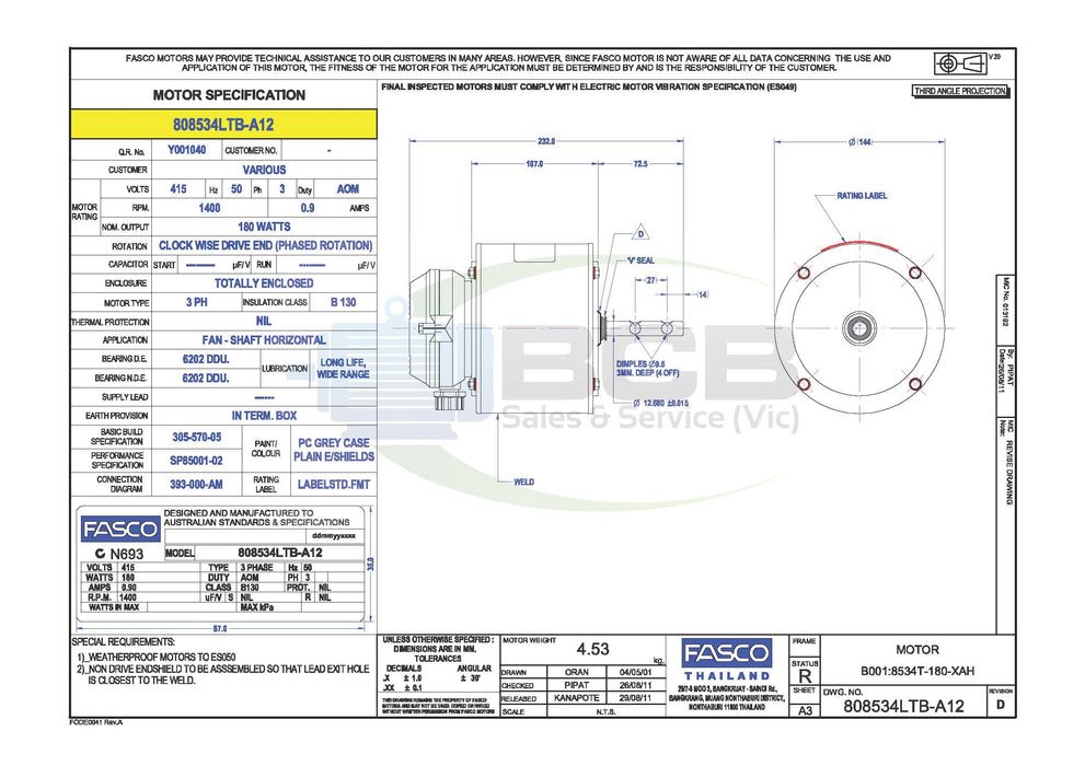 FASCO HVAC 808534LTB-A12 CONDENSER FAN MOTOR 180W 4POLE (1440RPM) SINGLE SPEED