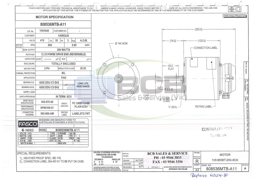 FASCO HVAC 808536MTB-A11 CONDENSER FAN MOTOR 250W 6POLE (900RPM) SINGLE SPEED