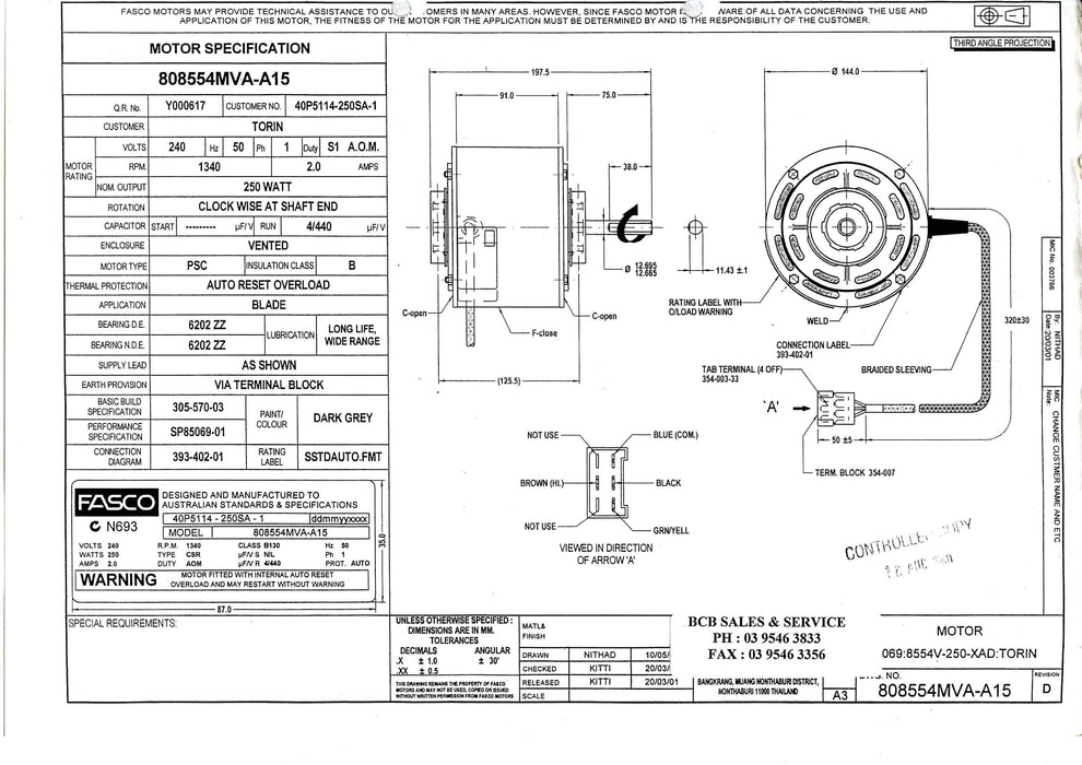 FASCO ( MARATHON ) 808554MVA-A15 BONAIRE 250W DUCTED HEATER FAN MOTOR FITTED WITH BRACKET