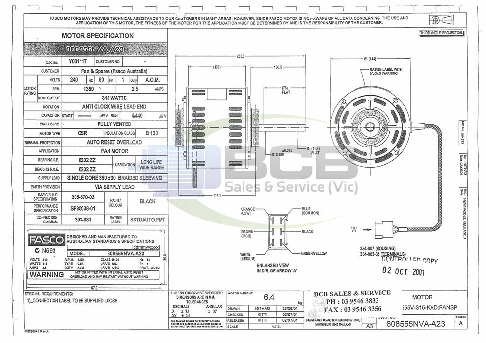 FASCO ( MARATHON )  808555NVA-A23 315W DUCTED HEATER FAN MOTOR 4POLE (1400 RPM) 3 SPEED