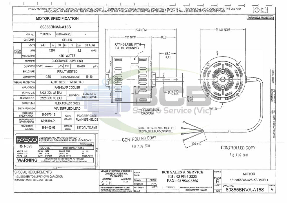 FASCO BONAIRE 80855BNVA-A15 425W EVAPORATIVE COOLER MOTOR 4POLE (1400RPM) VARIABLE SPEED