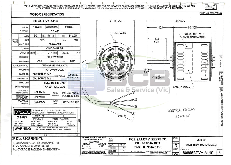 FASCO BONAIRE/CELAIR 80855BPVA-A11 600W EVAPORATIVE COOLER MOTOR 4POLE (1270RPM) VARIABLE SPEED