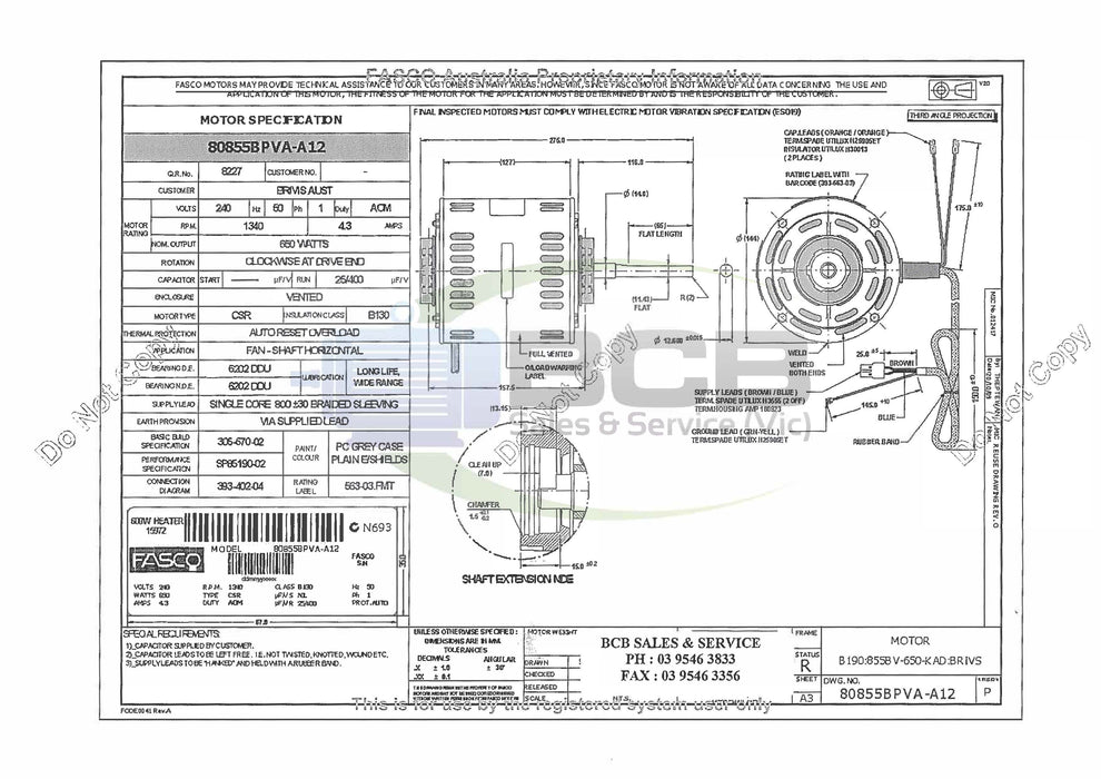 FASCO 80855BPVA-A12 BRIVIS DUCTED HEATER FAN MOTOR 650W 4POLE (1340RPM) VARIABLE SPEED