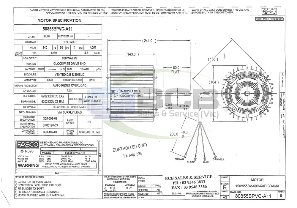 FASCO BRAEMAR 80855BPVC-A11 600W EVAPORATIVE COOLER MOTOR 4POLE (1200RPM) VARIABLE SPEED