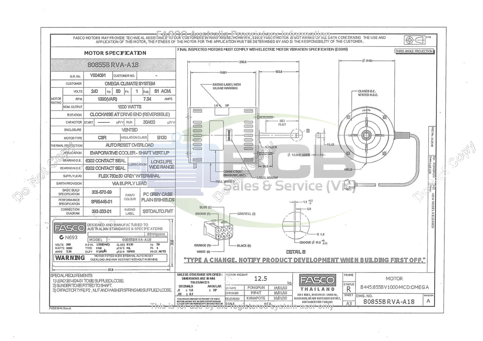 FASCO COOLBREEZE 80855BRVA-A18 1000W EVAPORATIVE COOLER MOTOR 4POLE (1390RPM) SINGLE SPEED