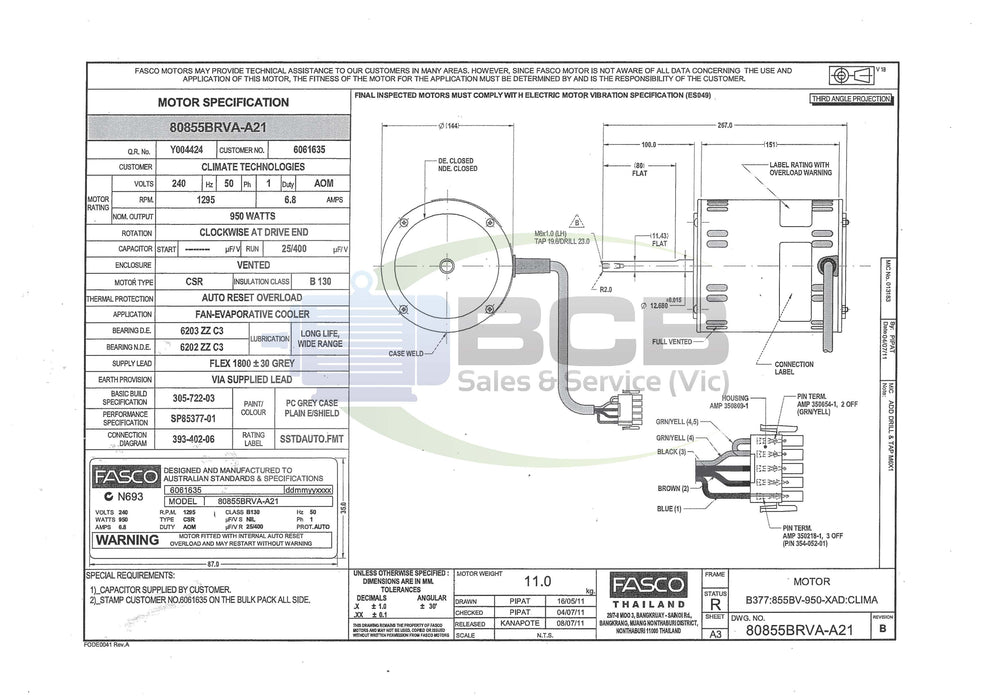 FASCO BONAIR 80855BRVA-A21 950W EVAPORATIVE COOLER MOTOR 4POLE(1295RPM) VARIABLE SPEED