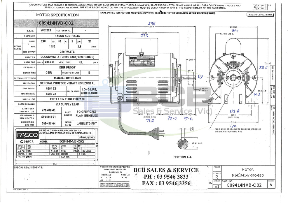 FASCO 809414NVB-C02 370W 4POLE (1450RPM) GENERAL PURPOSE MOTOR B56 FRAME