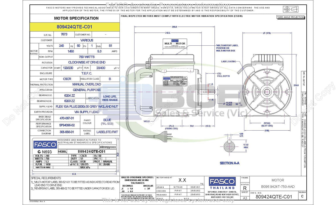 FASCO ( MARATHON) CYCLO EXHAUST FAN MOTOR 750W 4POLE (1420RPM) SINGLE SPEED