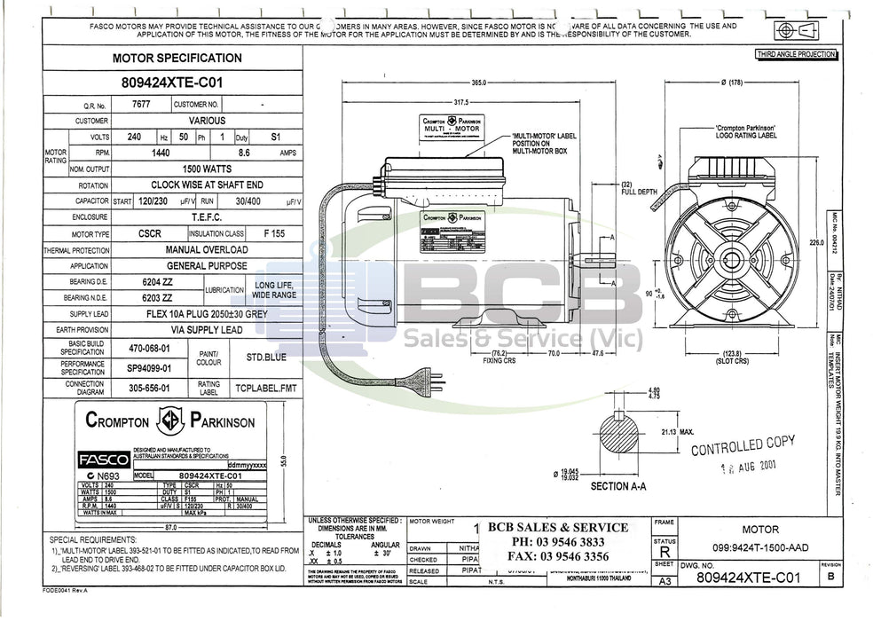 FASCO 809424XTE-C01 1500W 4POLE (1440RPM) GENERAL PURPOSE MOTOR B56 FRAME