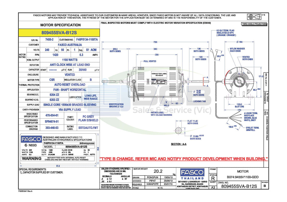 FASCO HVAC 809455SVA-B12 DOUBLE SHAFT FAN MOTOR 1100W 4POLE (1420RPM) 3 SPEED