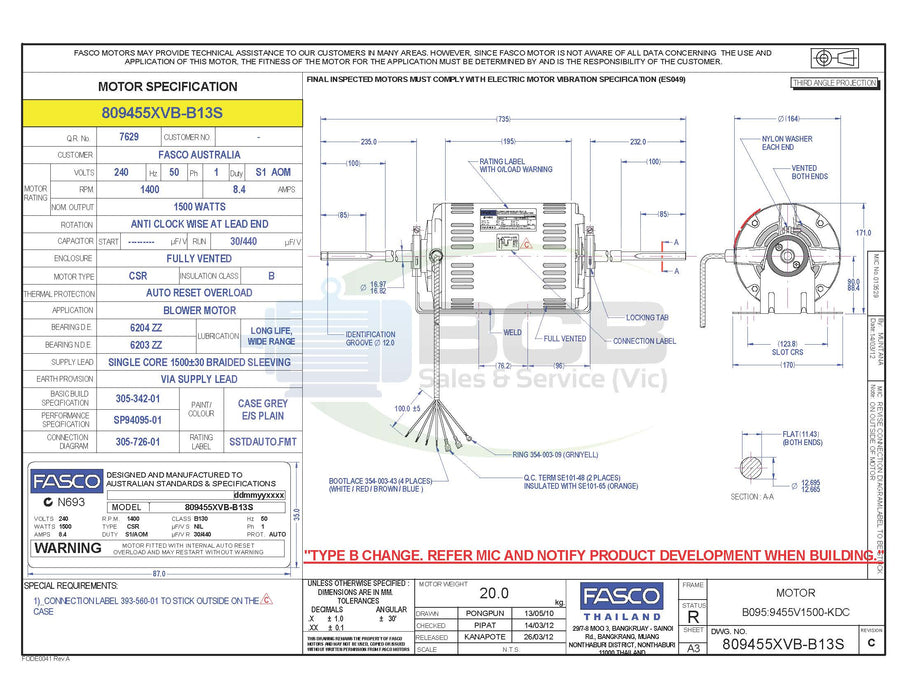 FASCO HVAC 809455XVB-B13 DOUBLE SHAFT FAN MOTOR 1500W 4POLE (1400RPM) 3 SPEED