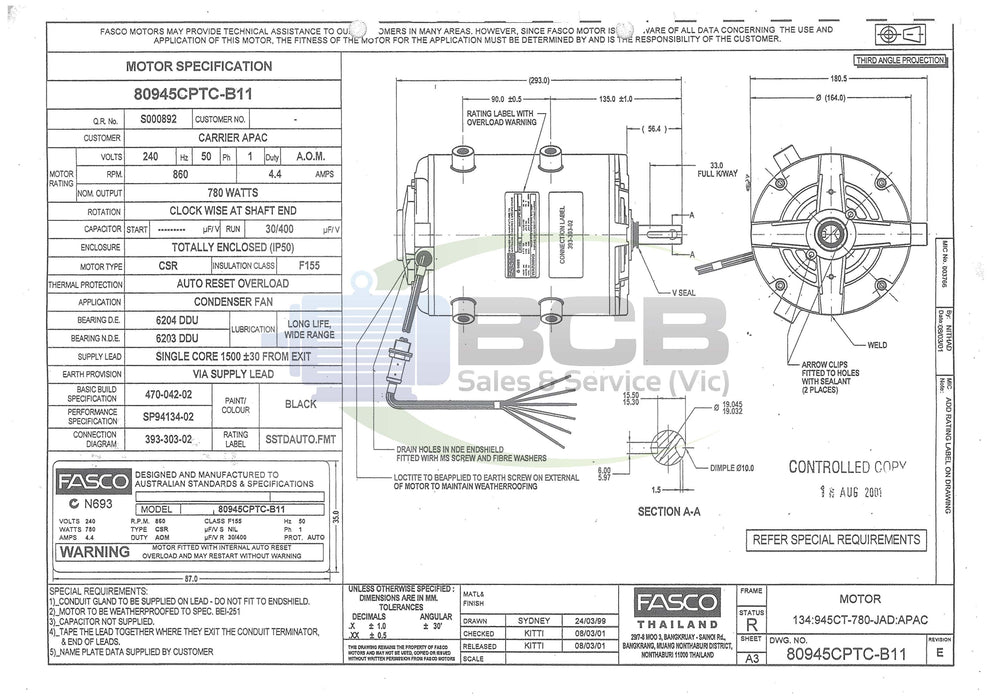 FASCO HVAC 80945CPTC-B11 CONDENSOR FAN MOTOR 780W 6POLE (860RPM) SINGLE SPEED