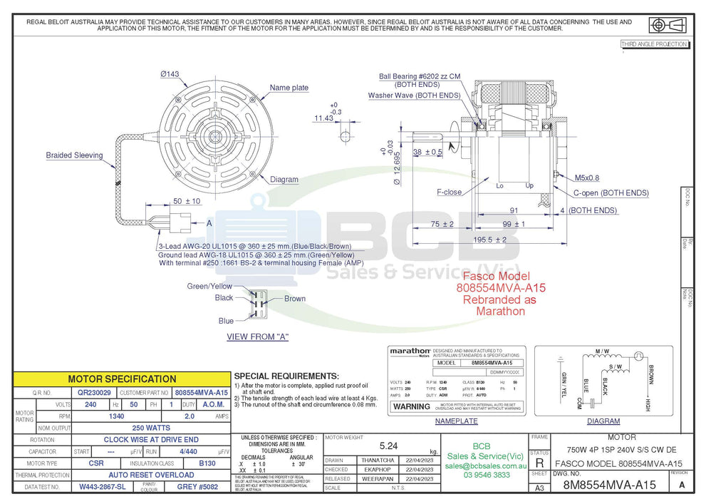FASCO ( MARATHON ) 808554MVA-A15 BONAIRE 250W DUCTED HEATER FAN MOTOR 4POLE (1400RPM) SINGLE SPEED