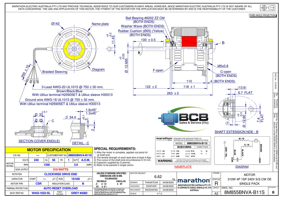 FASCO ( MARATHON )  BRAEMAR 8M855BNVA-B11S  315W DUCTED HEATER FAN MOTOR 4POLE (1400RPM) SINGLE SPEED