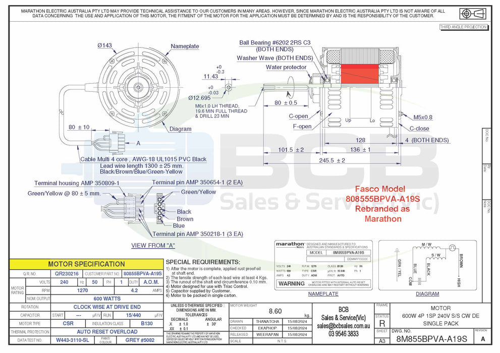 FASCO ( MARATHON ) BONAIRE  80855BPVA-A19 600W EVAPORATIVE COOLER MOTOR 4POLE (1270RPM) VARIABLE SPEED