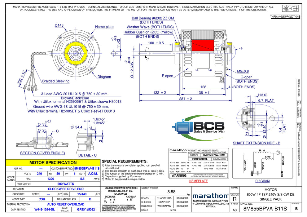 FASCO ( MARATHON )  BRAEMAR 8M855BPVA-B11S 600/750W DUCTED HEATER FAN MOTOR 4POLE (1400RPM) SINGLE SPEED