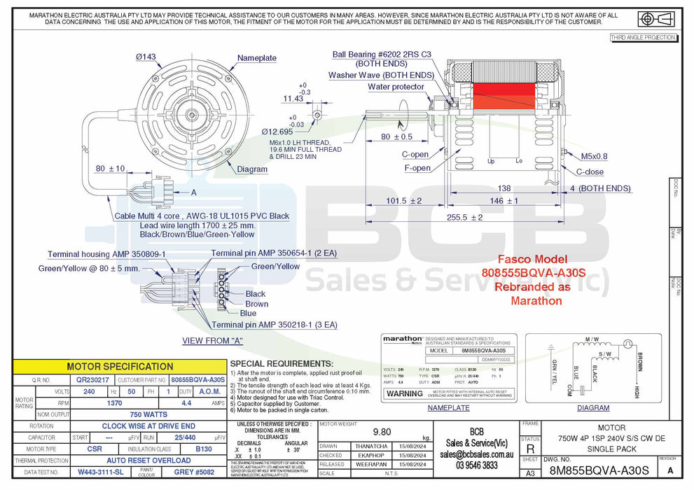 FASCO ( MARATHON ) BONAIRE 80855BQVA-A30 750W EVAPORATIVE COOLER MOTOR 4POLE (1370RPM) VARIABLE SPEED