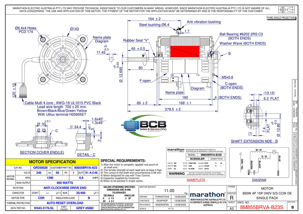 FASCO ( MARATHON ) BRIVIS 80855BRVA-A23 950W EVAPORATIVE COOLER MOTOR 4POLE (1290RPM) VARIABLE SPEED