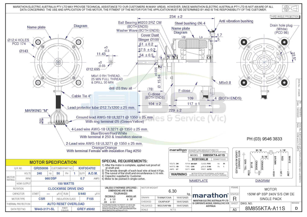 TEMPERZONE ( MARATHON ) HVAC 8M855KTA-A11S CONDENSER FAN MOTOR 150W 6POLE (960RPM) 3 SPEED