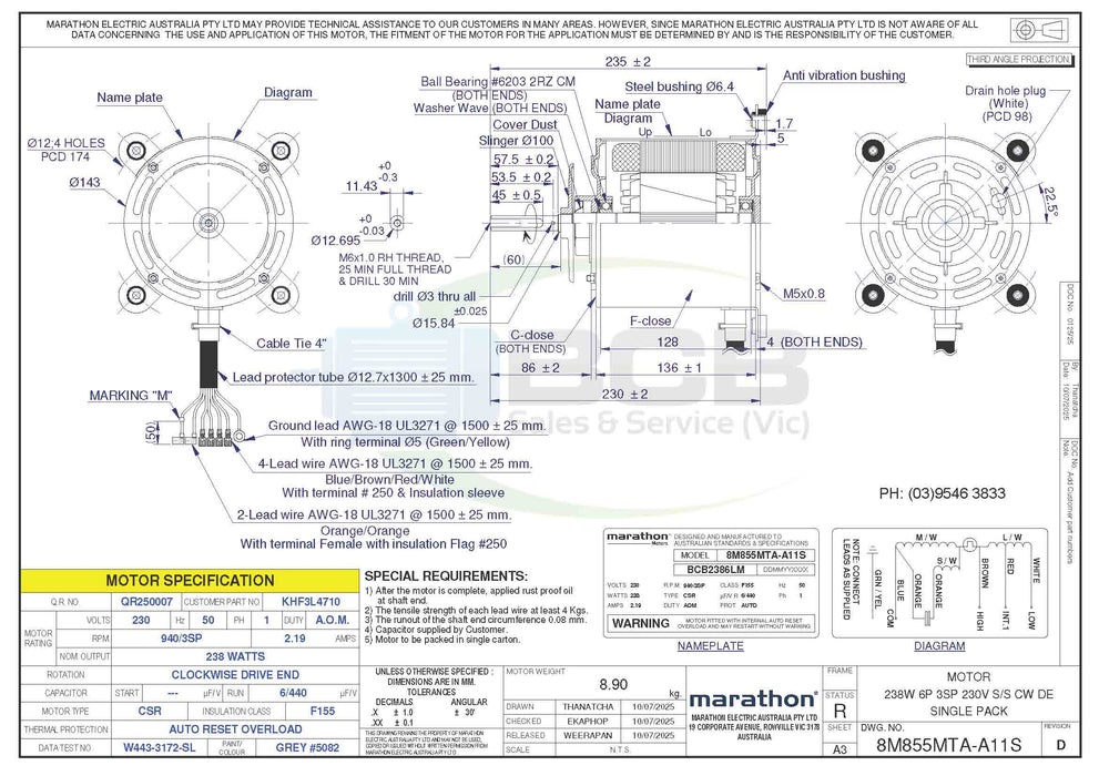 TEMPERZONE ( MARATHON ) HVAC 8M855MTA-A11S CONDENSER FAN MOTOR 238W 6POLE (940/880/820RPM) 3 SPEED
