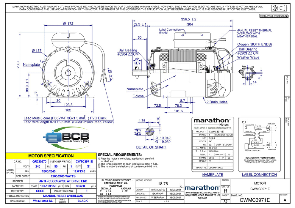 FASCO ( MARATHON ) CWMC3971E 2200 WATT 2 POLE (2877RPM) COMPRESSOR MOTOR