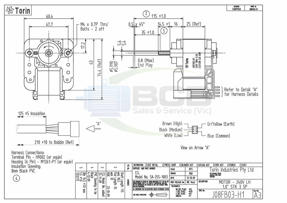 J08FB03-H1 WOODHEATER FAN MOTOR 240V 2POLE (2800RPM) 3 SPEED