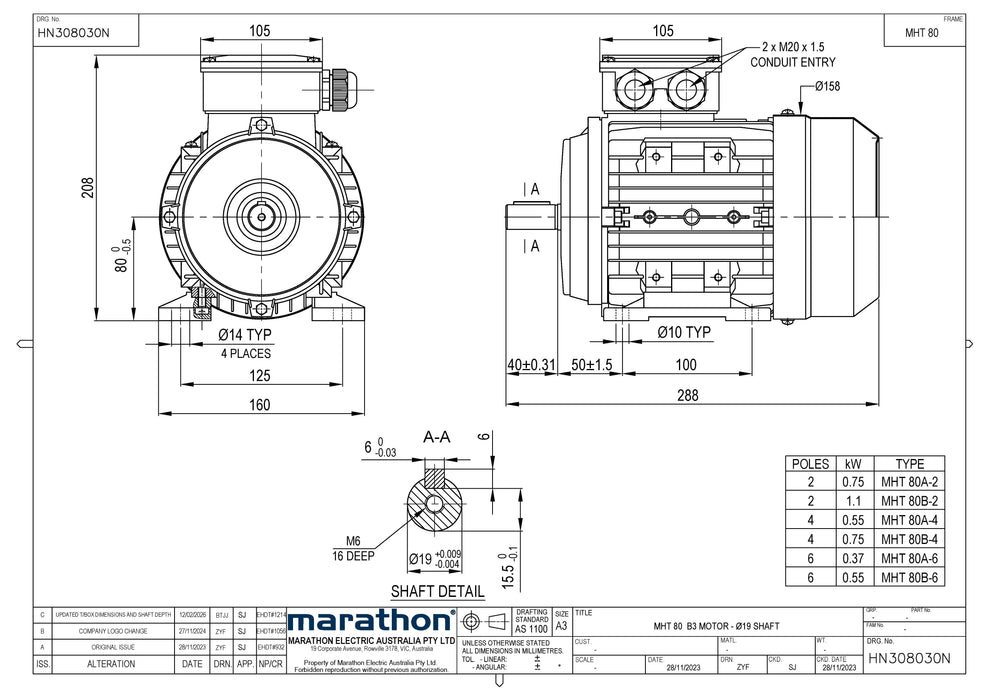 0.55KW CMG MARATHON MHT THREE PHASE 415V 6POLE (900RPM) FOOT MOUNT MOTOR
