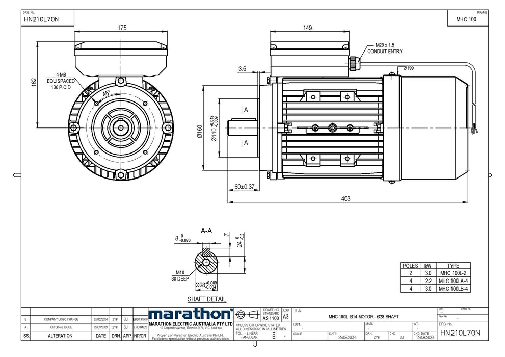 3.0KW CMG MARATHON SINGLE PHASE 240V 2POLE (2900RPM) B14A FLANGE MOUNT MOTOR