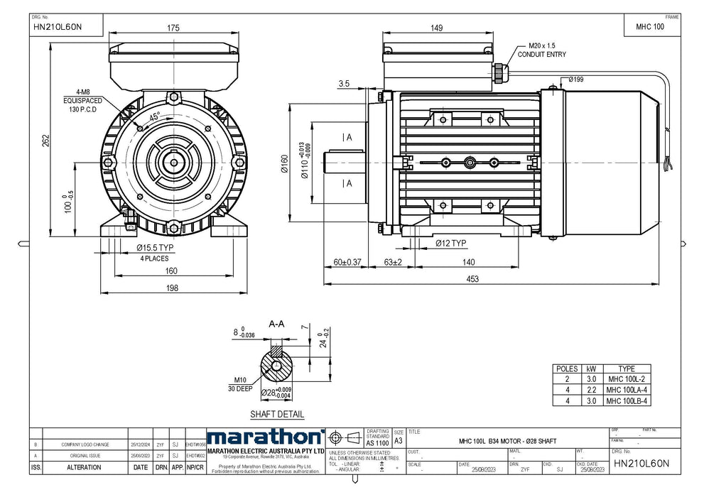 3.0KW CMG MARATHON SINGLE PHASE 240V 2POLE (2900RPM) FOOT/B14A FLANGE MOUNT MOTOR