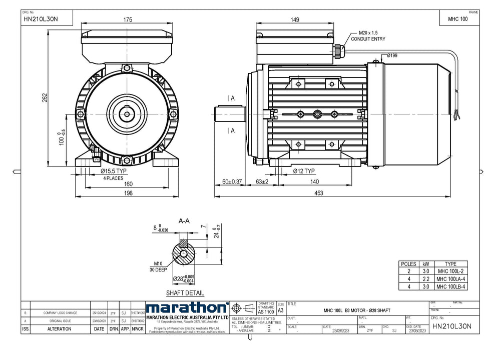 2.2KW CMG MARATHON SINGLE PHASE 240V 4POLE (1400RPM) FOOT MOUNT MOTOR
