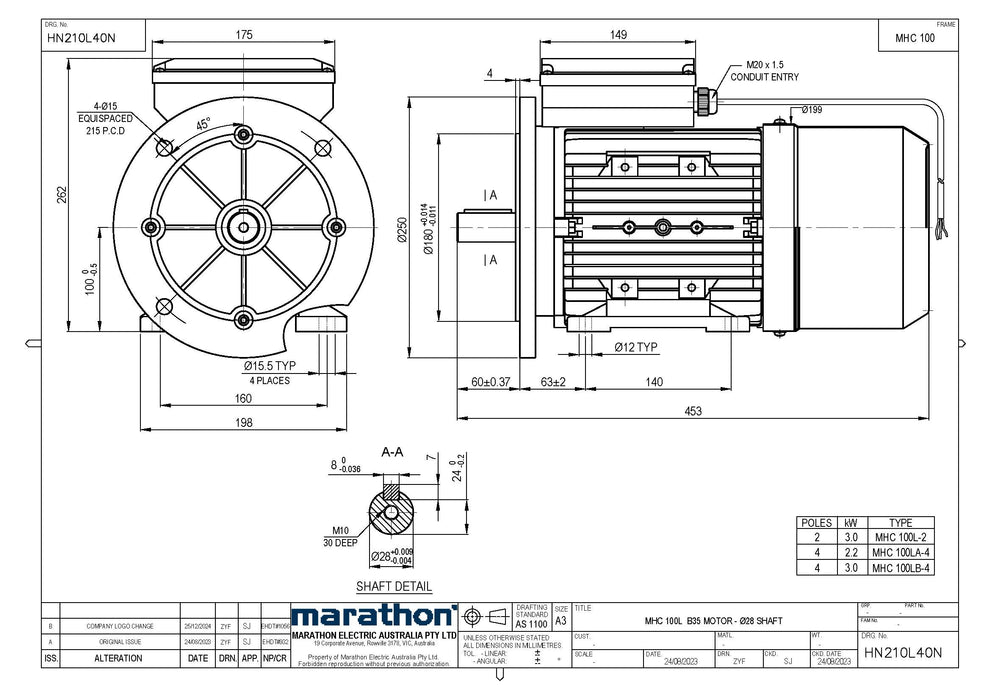 2.2KW CMG MARATHON SINGLE PHASE 240V 4POLE (1400RPM) FOOT/FLANGE MOUNT MOTOR