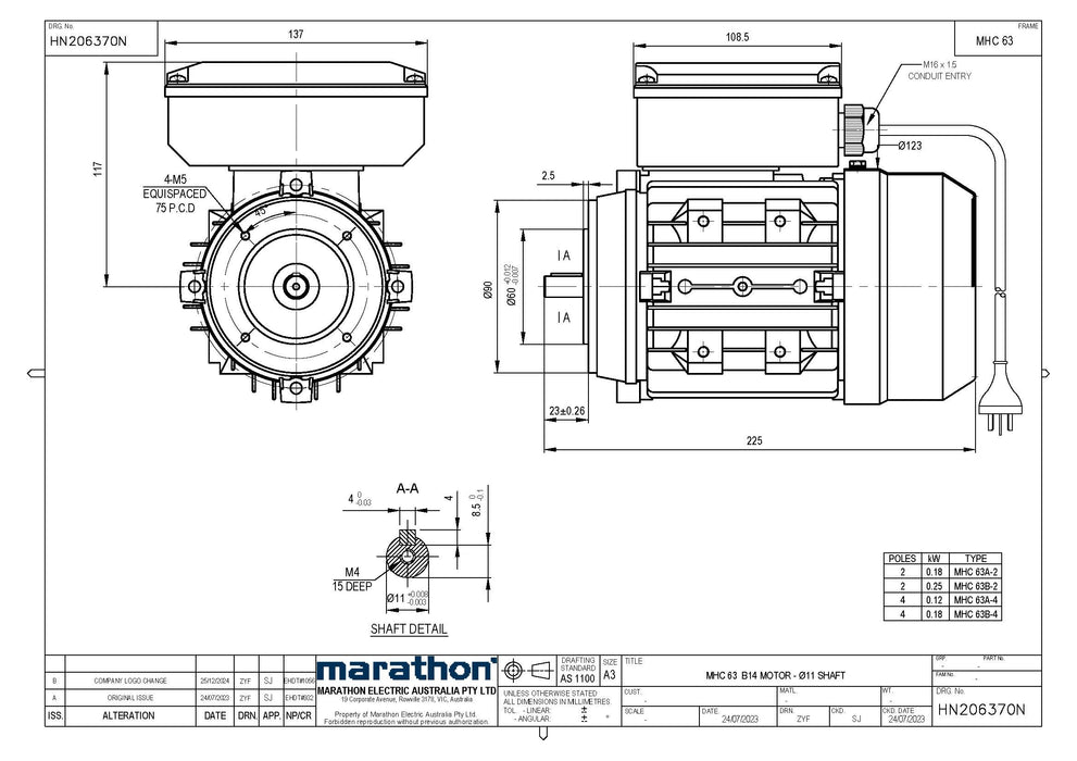 0.25KW CMG MARATHON SINGLE PHASE 240V 2POLE (2900RPM) FOOT/B14A FLANGE MOUNT MOTOR